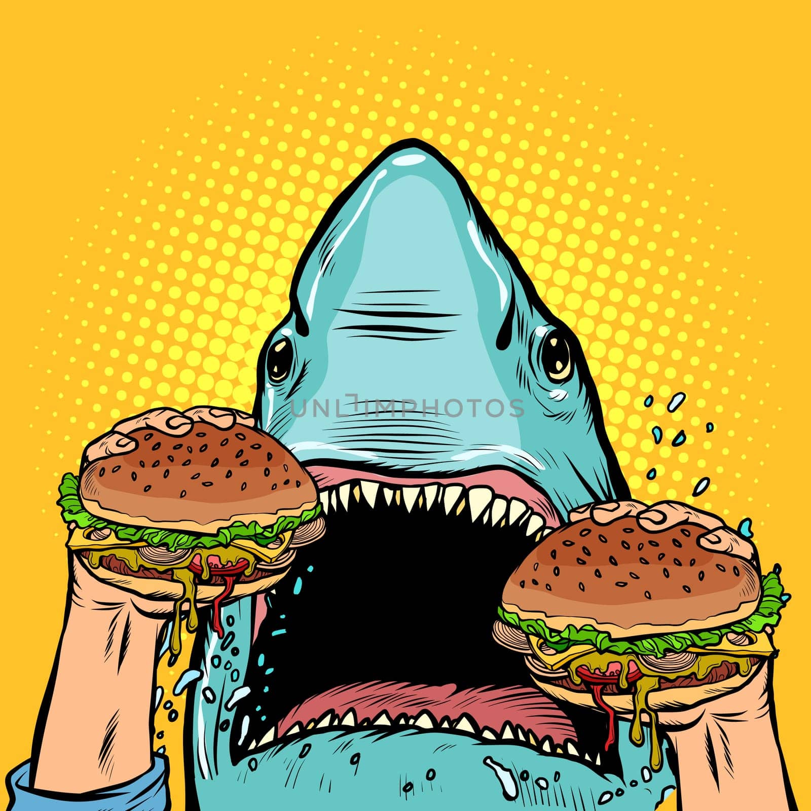 Hungry shark eat the Burger. Pop art retro vector illustration drawing
