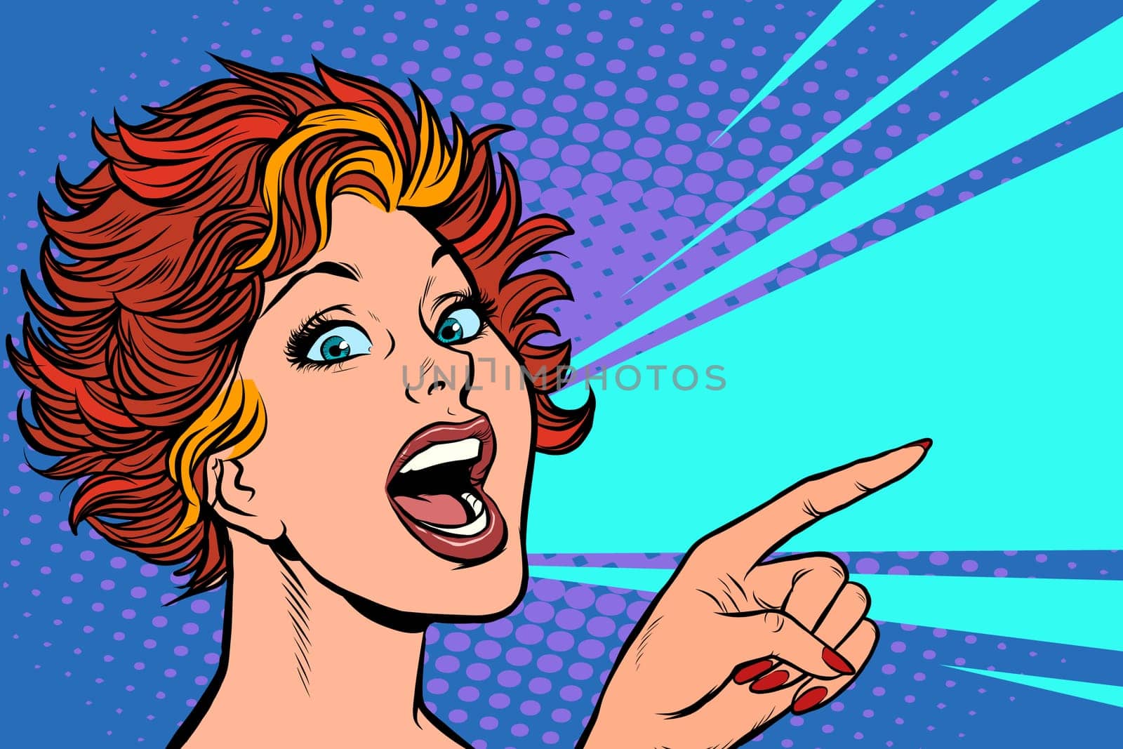 Modern woman points a finger. Pop art retro vector illustration drawing