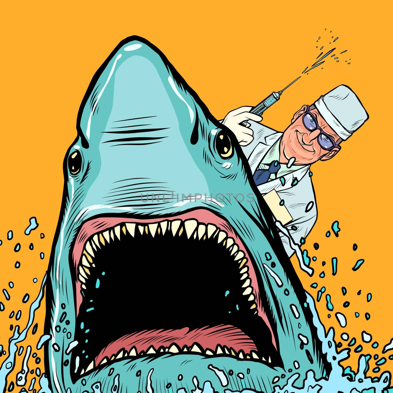 A dentist and a shark, the doctor makes cauterized. Pop art retro vector illustration drawing