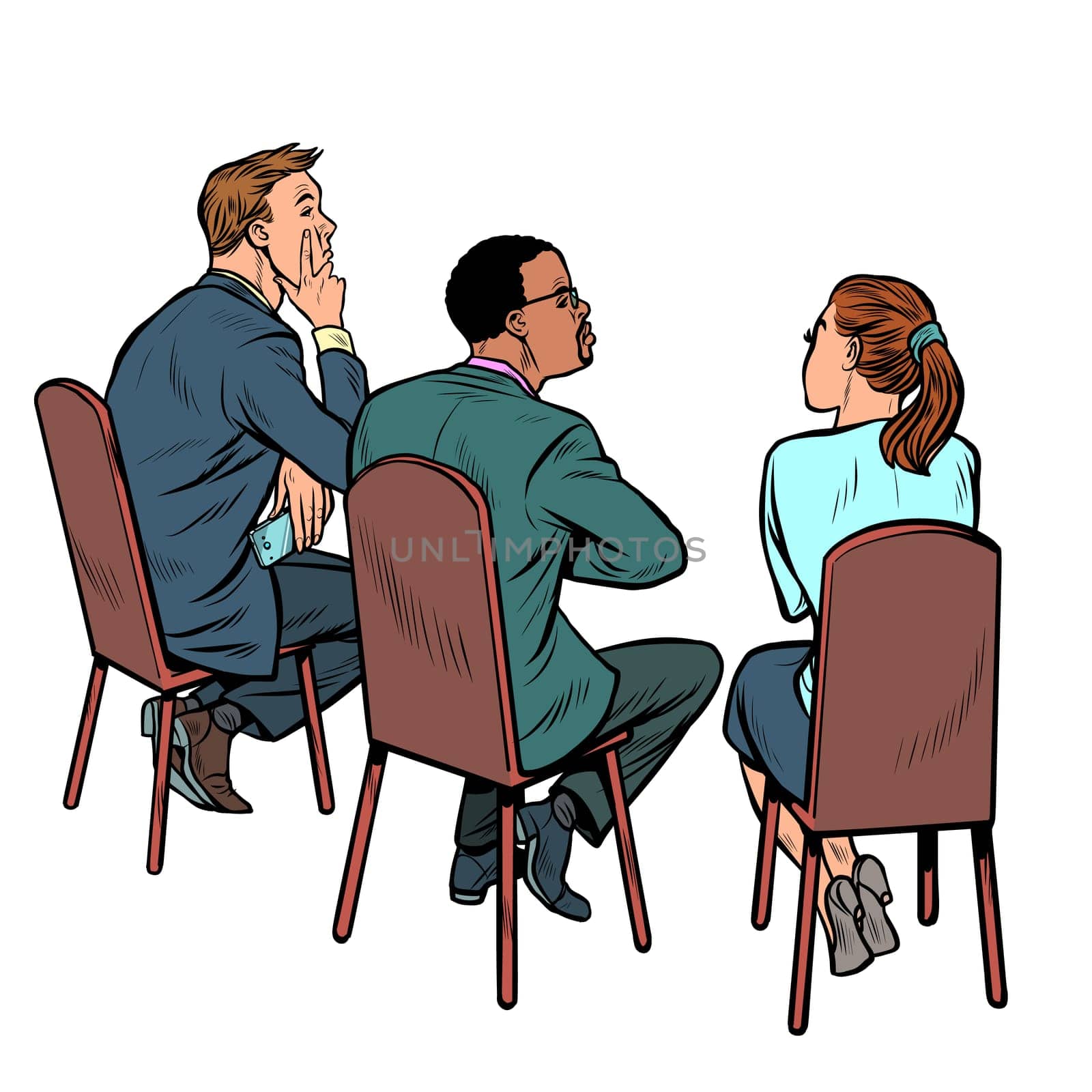 people at a business meeting. businessman and businesswoman. multi-ethnic group. Pop art retro vector illustration drawing