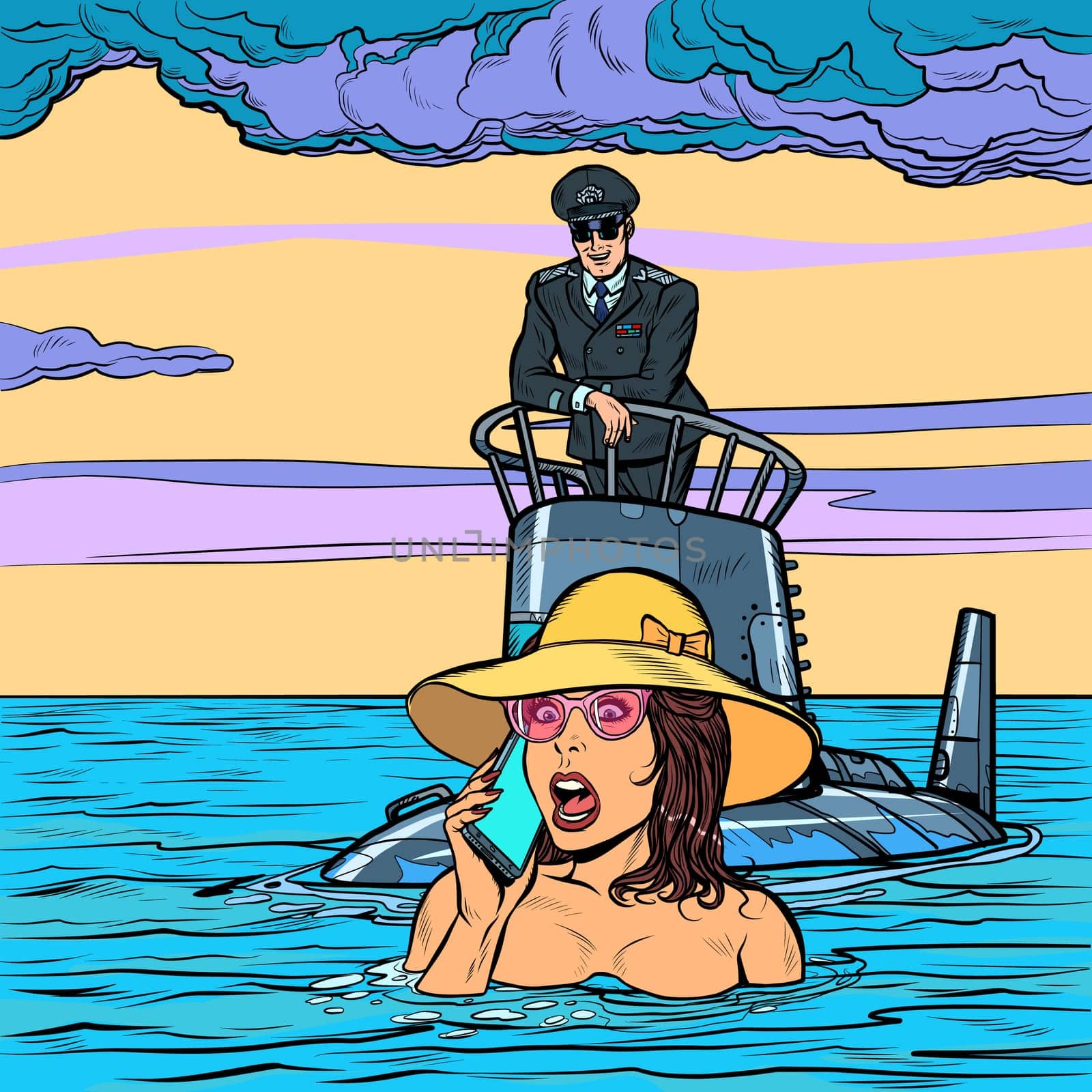Submarine captain rescues drowning woman. Pop art retro vector illustration drawing
