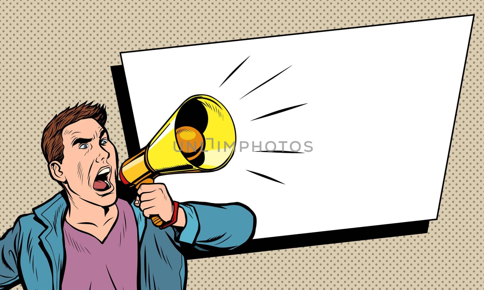 advertising poster. man with megaphone. business presentation announcement. Pop art retro vector illustration drawing vintage kitsch