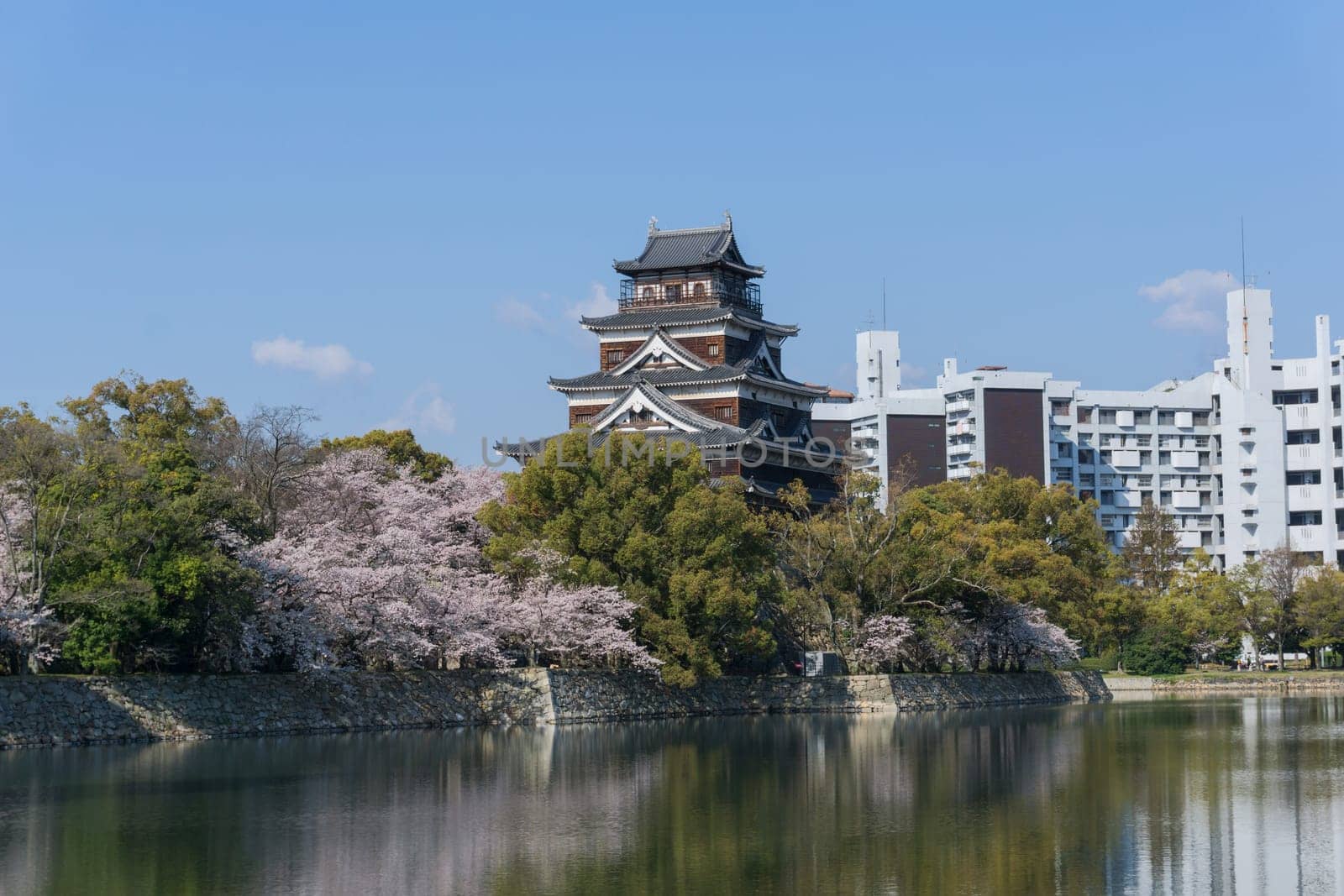 Hiroshima Castle is a castle in Hiroshima, Japan. It was constructed in the 1590s, but was destroyed by the atomic bombing on August 6, 1945. It was rebuilt in 1958, a replica of the original that now serves as a museum of Hiroshima's history before World War II.