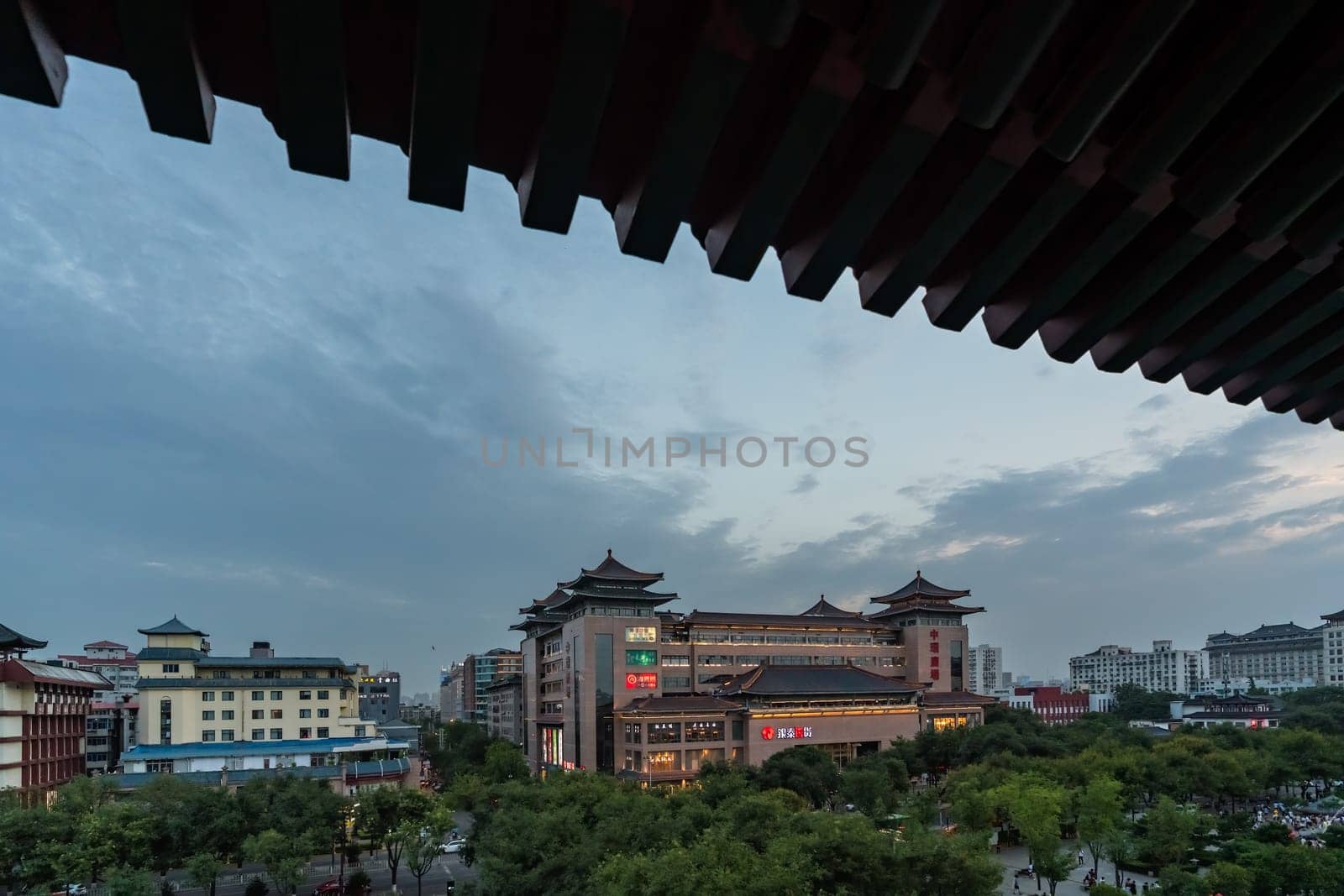 Xian, China -  July 2019 : View of the residential and commercial buildings in the centre of Xian city, as seen from the viewing balcony in Drum Tower, Shaaxi Province
