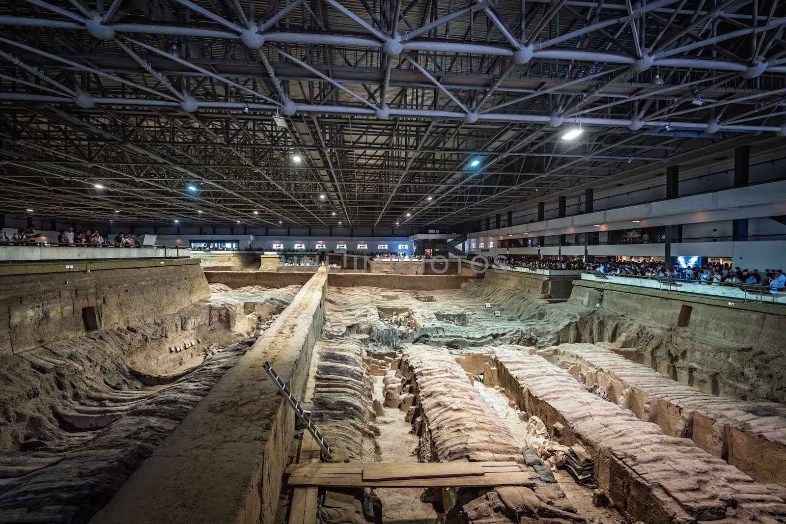 Xian, China -  July 2019 : Terracota Army archeological site, army warrior statues were created during the reign of first chinese emperor Qin Shi Huang Di, Shaanxi Province, China