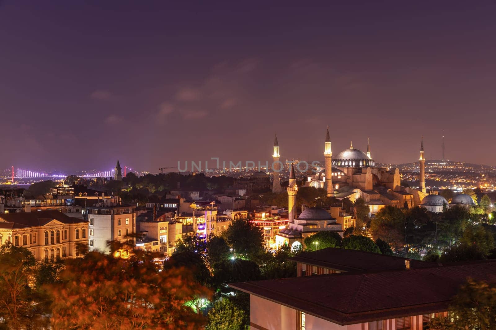 Night Istanbul, view on Hagia Sophia, the Bosphorus Bridge and the Galata Tower.