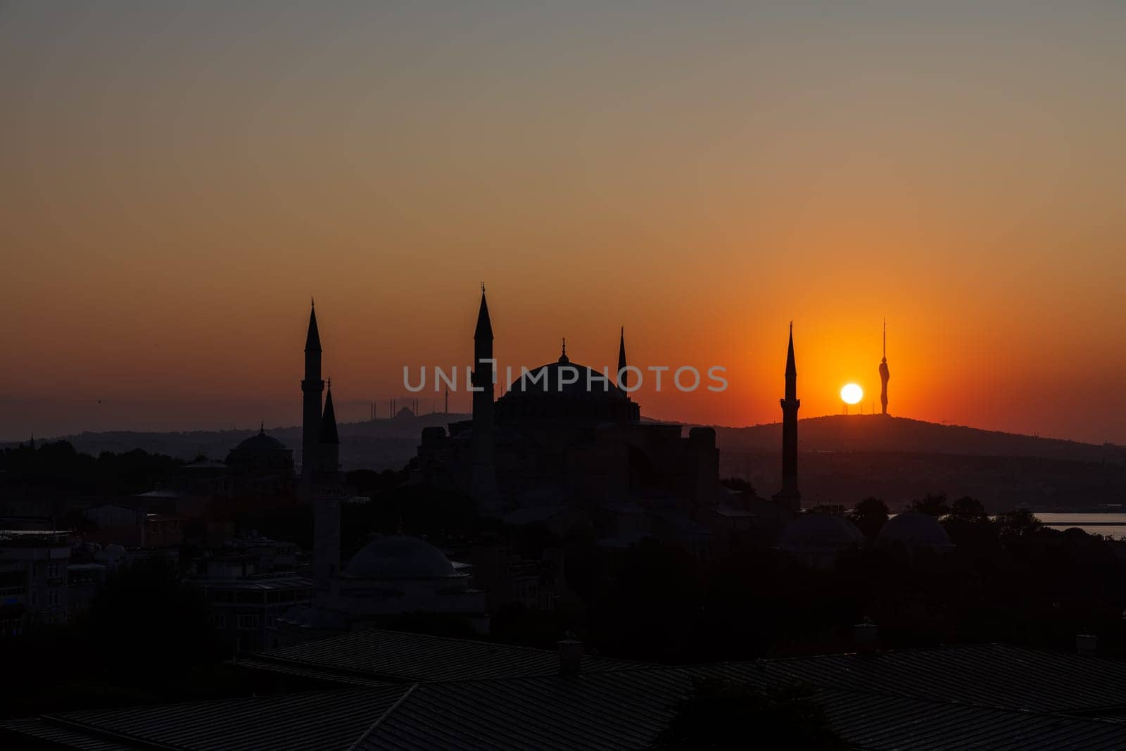 Hagia Sophia sunset silhouette, Istanbul skyline, Turkey.