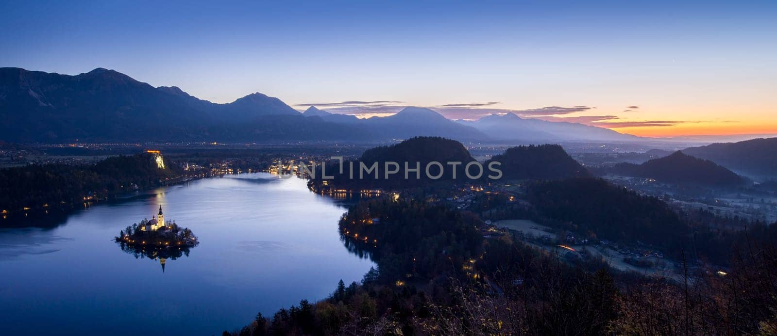 Lake Bled and the church in Slovenia at evening