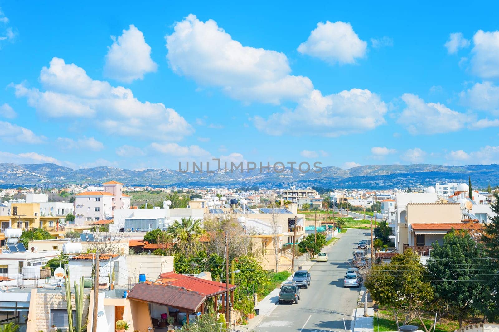 Skyline of Paphos, road and mountains, Cyprus