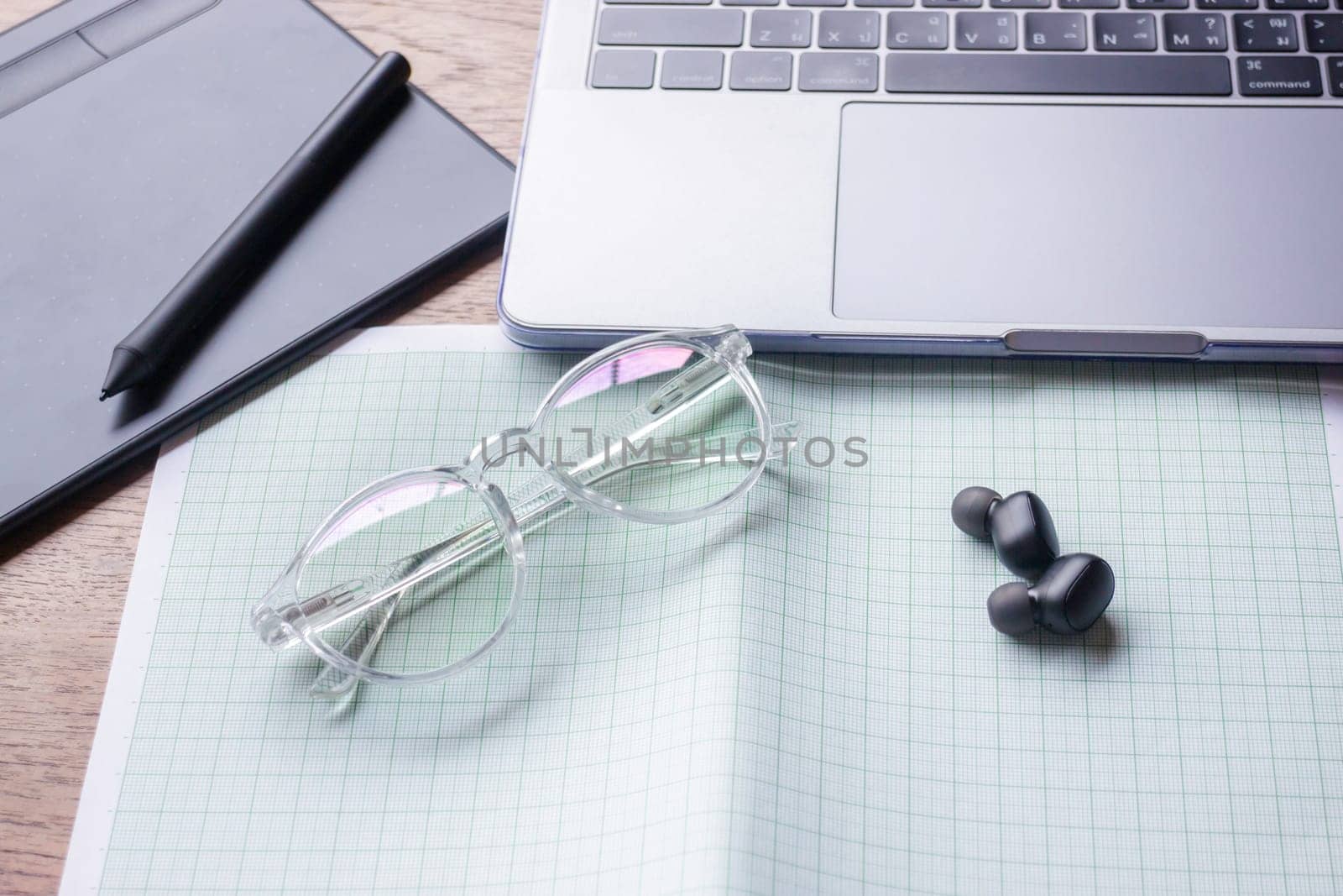 Wireless technology on wooden table, stock phto