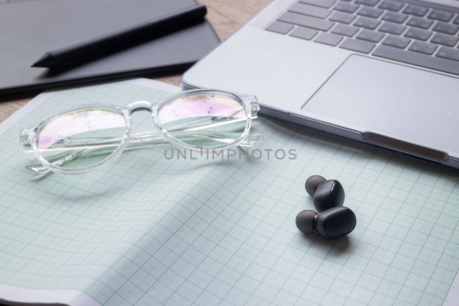 Wireless technology on wooden table, stock phto