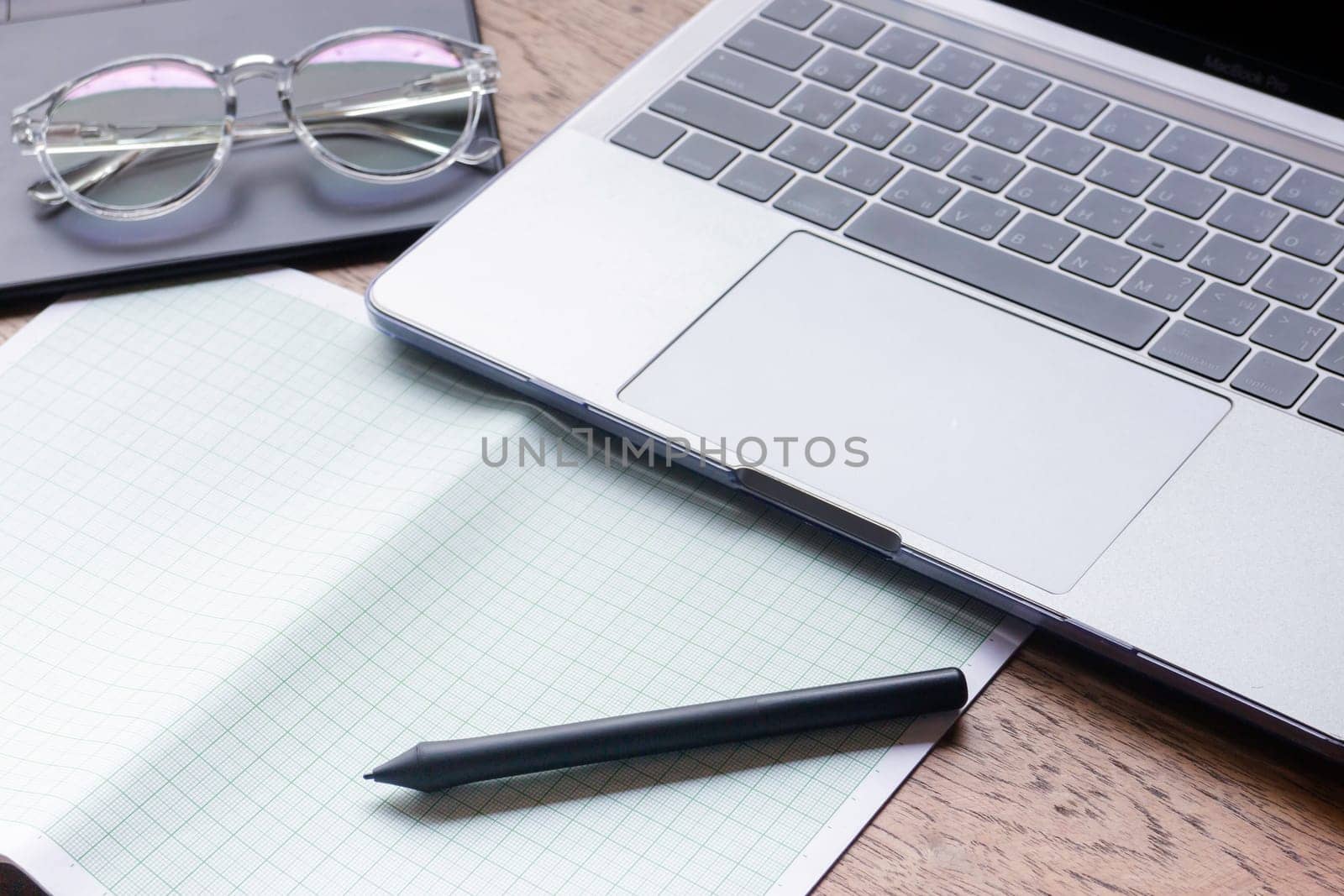Wireless technology on wooden table, stock phto
