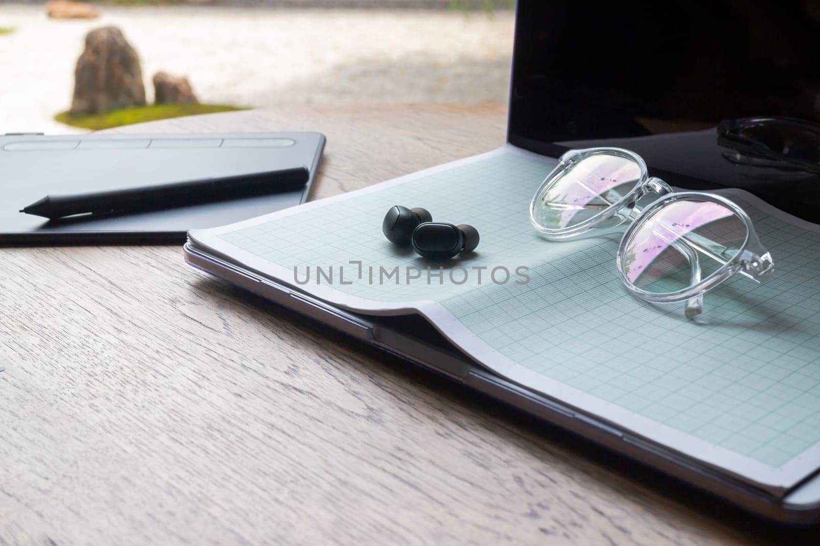 Wireless technology on wooden table, stock phto