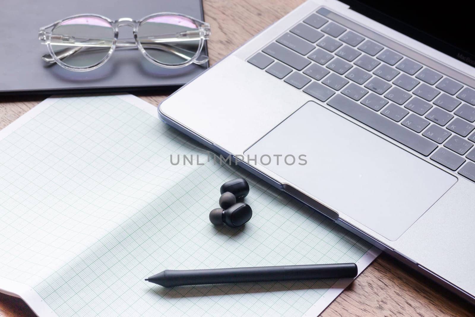 Wireless technology on wooden table, stock phto