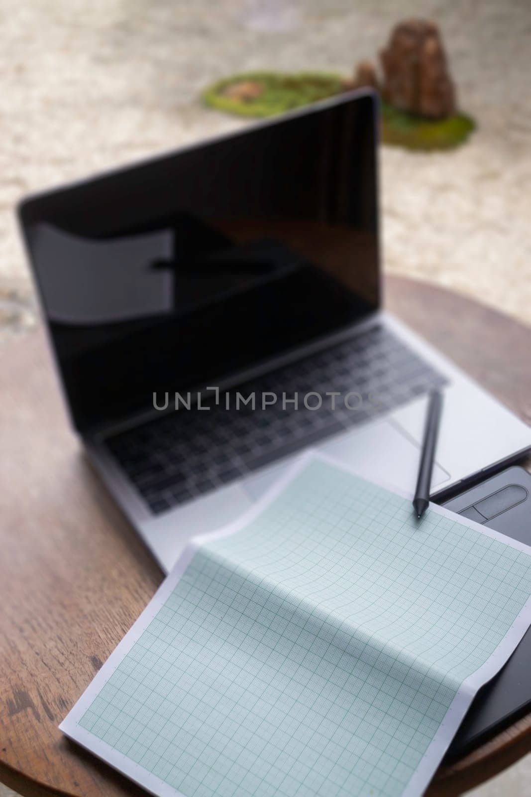 Modern laptop computer on wooden table in home garden, stock photo