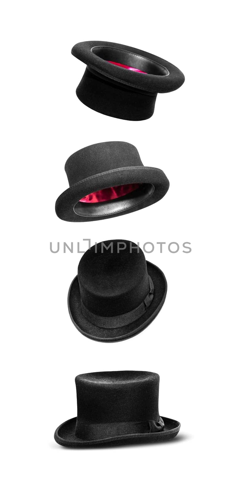 Four black hats isolated on white background