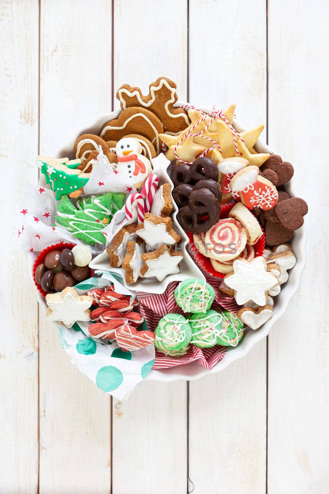 Variety of colorful Christmas cookies and gingerbread