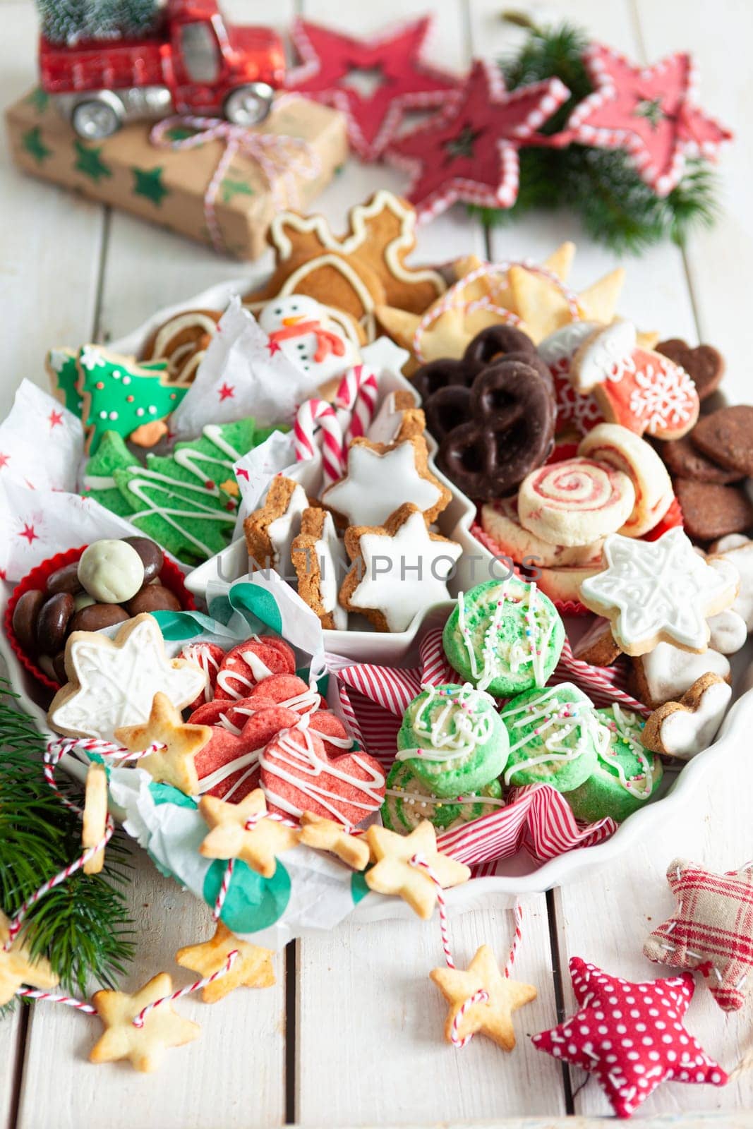 Variety of colorful Christmas cookies and gingerbread