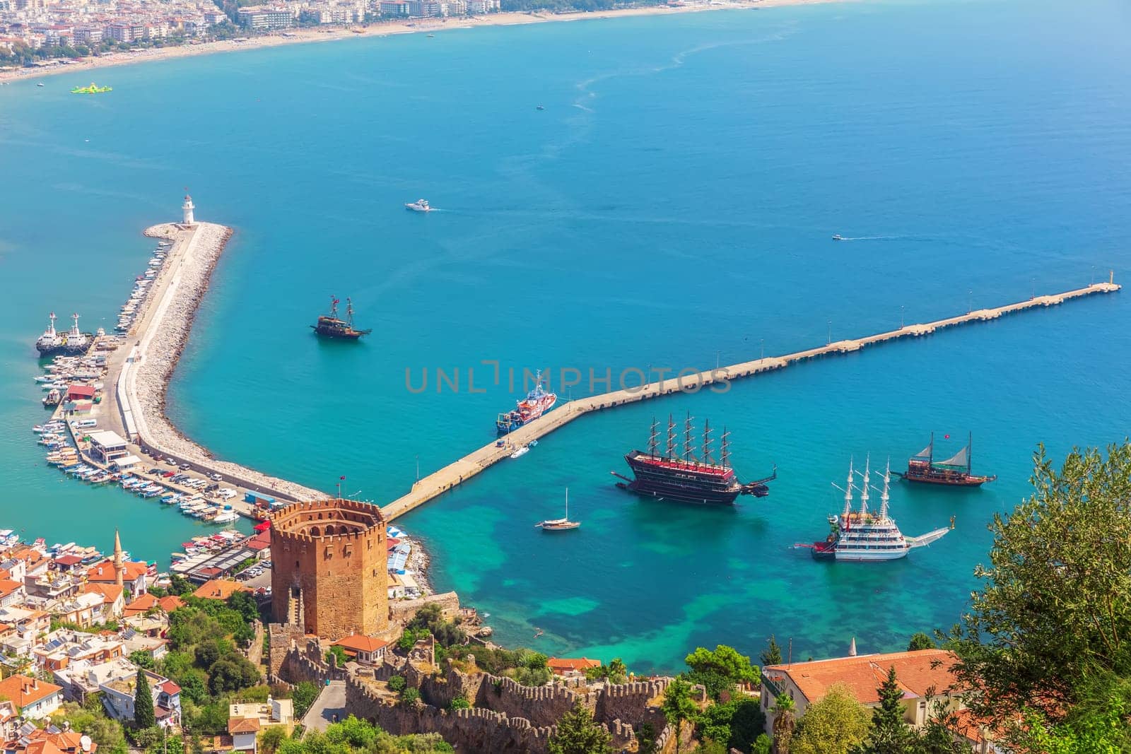 Alanya pier and the lighthouse, view from the castle, Turkey.