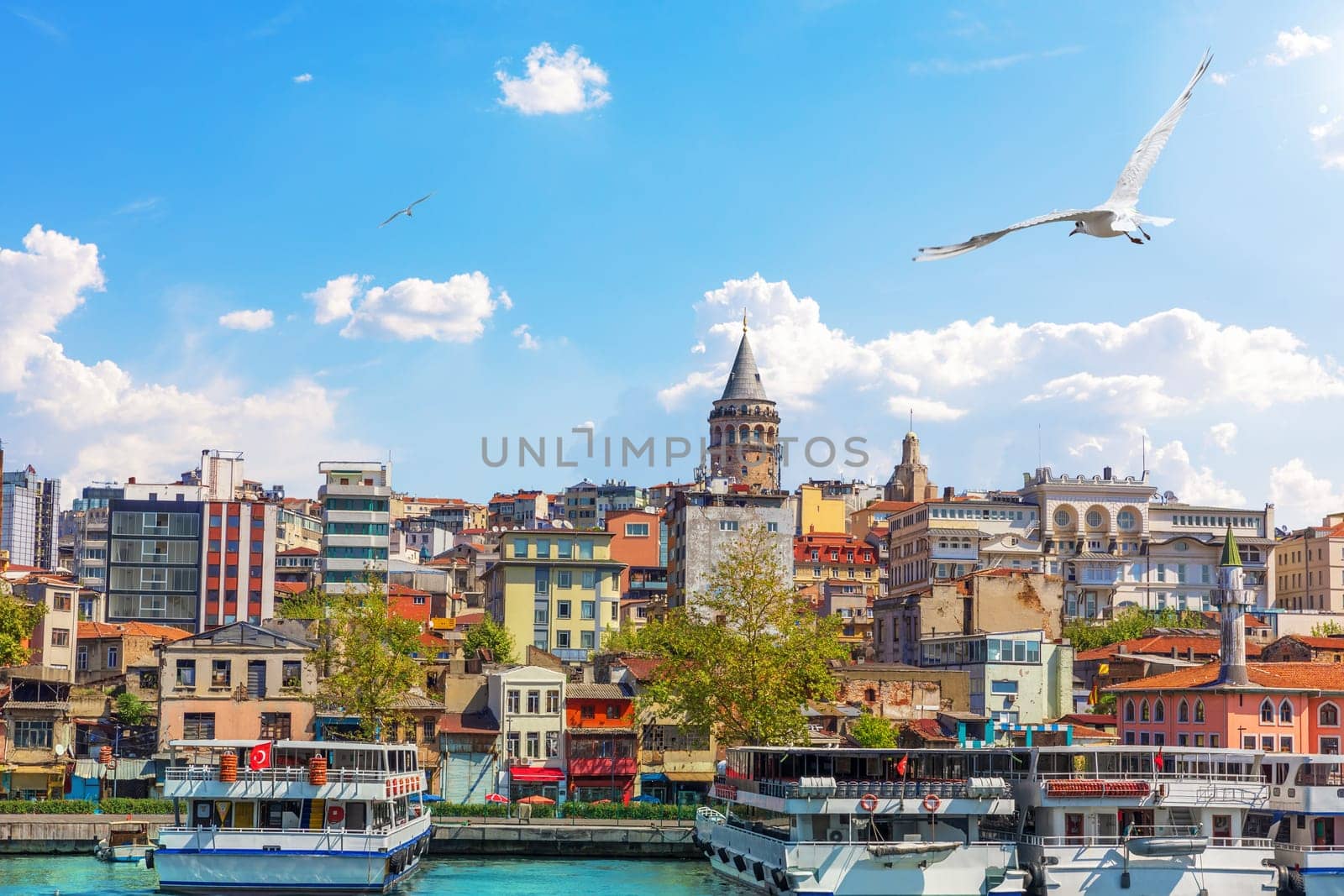 Karakoy district and the Galata Tower, view from the Bosphorus, Istanbul, Turkey.