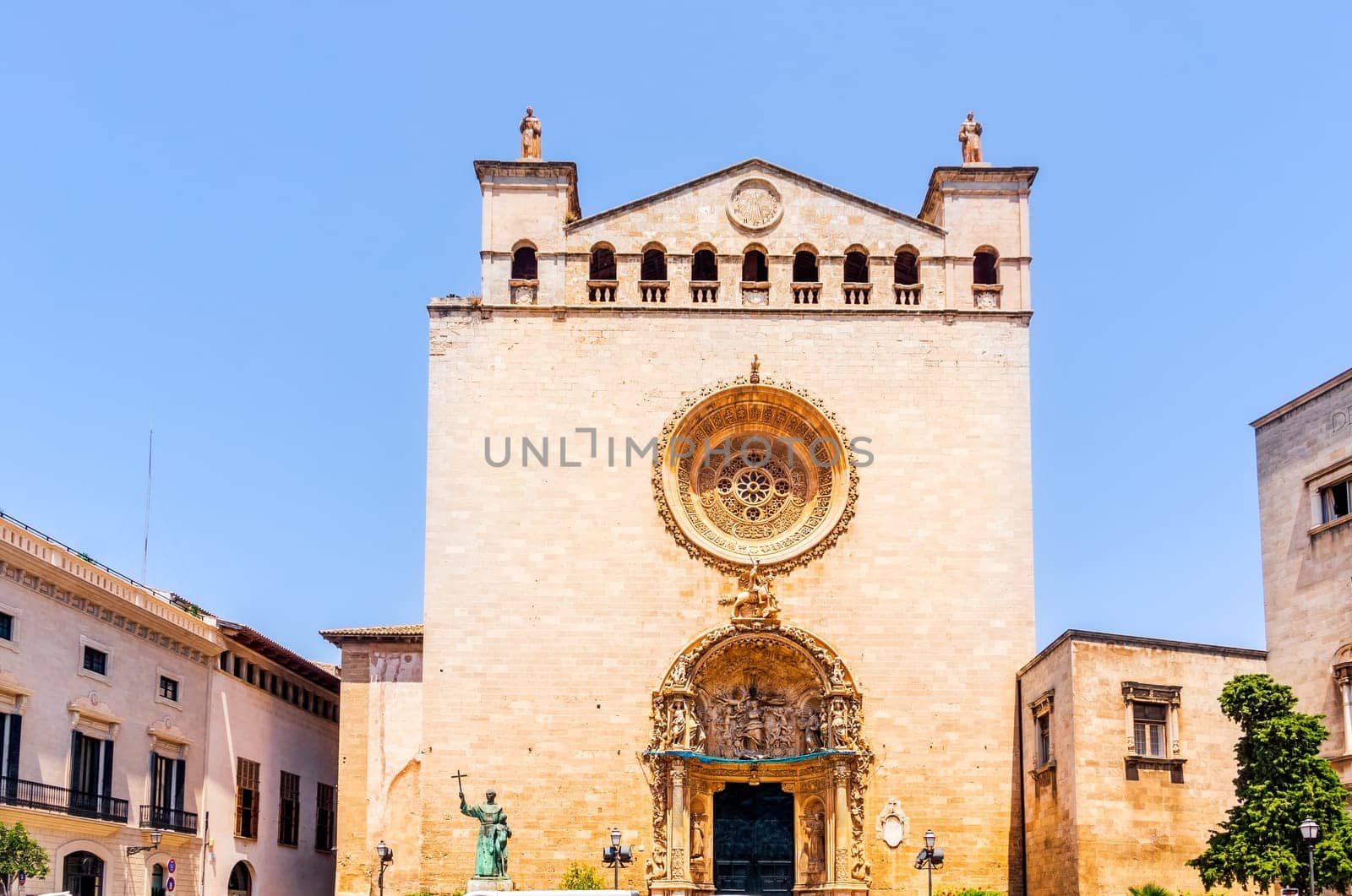 Ornate entrance to Sant Francesc Church in Palma de Mallorca, front view, Spain