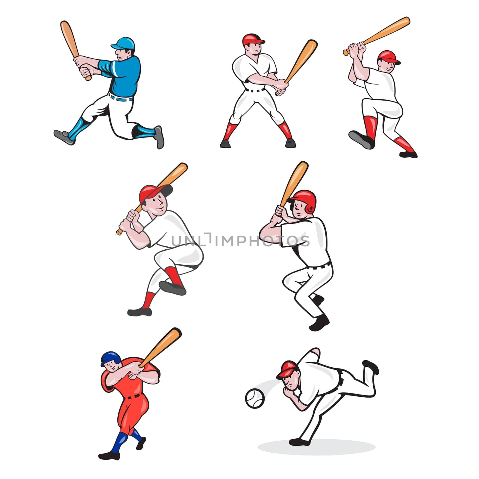 Set or collection illustration of American baseball player, pitcher or batter, batting, pitching or throwing ball cartoon style isolated on white background.