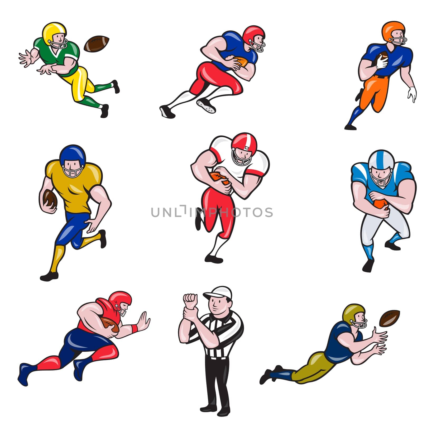 Set or Collection of cartoon character style illustration of American football player in different roles like quarterback, running back, center,wide receiver,tackle, guard and referee on isolated white background.