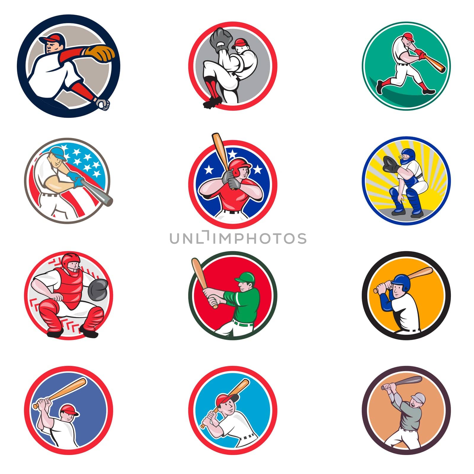 Collection of icon illustration of cartoon character American baseball player, pitcher or batter, batting, pitching or throwing ball set inside circle isolated on white background.
