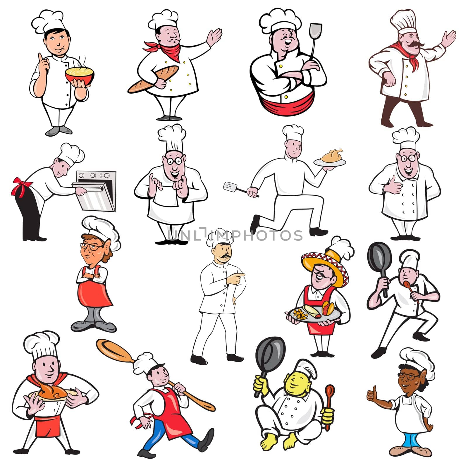 Set or Collection of cartoon character style illustration of a chef, baker or cook in full body on isolated white background.