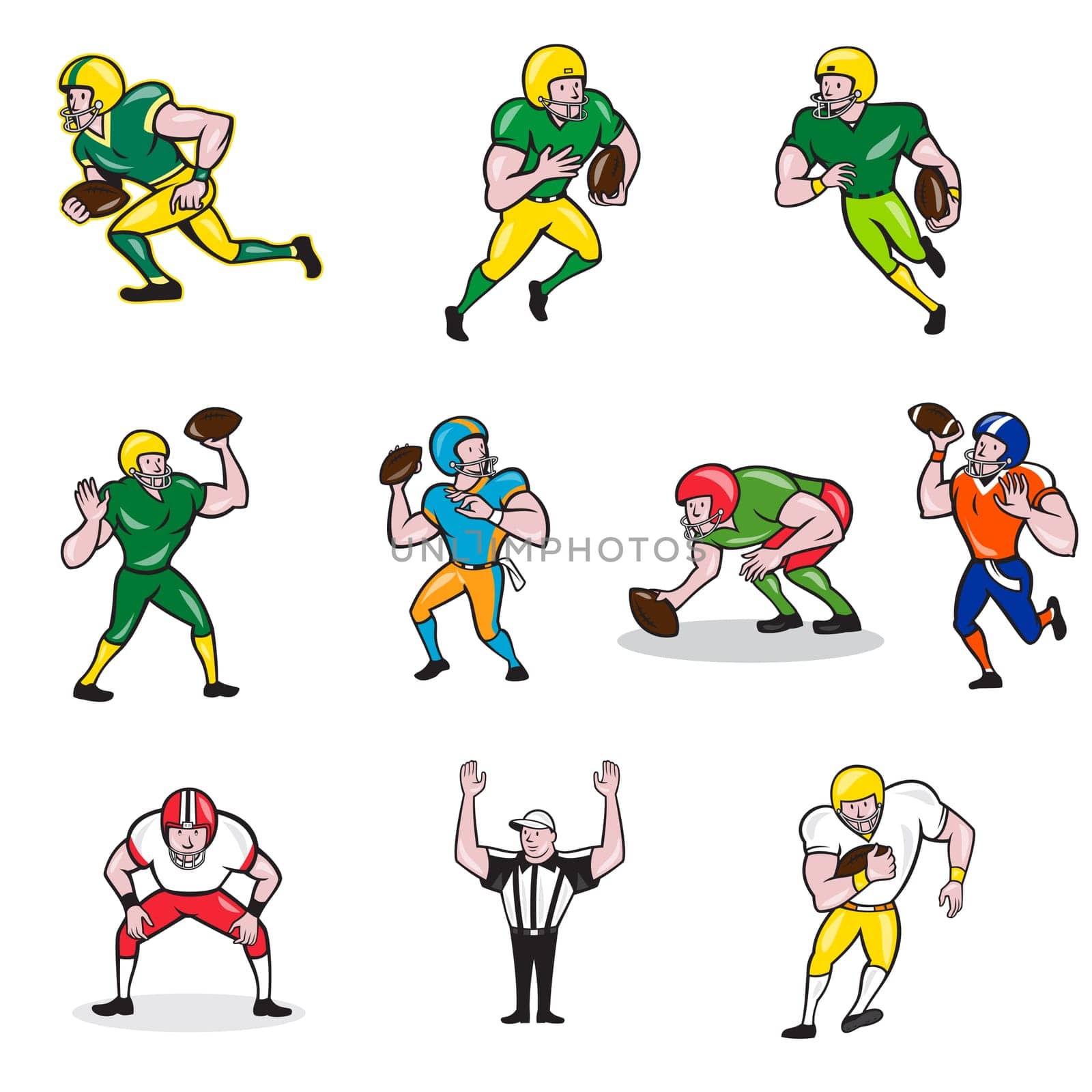 Set or Collection of cartoon character style illustration of American football player in different roles like quarterback, running back, center,wide receiver,tackle, guard and referee on isolated white background.