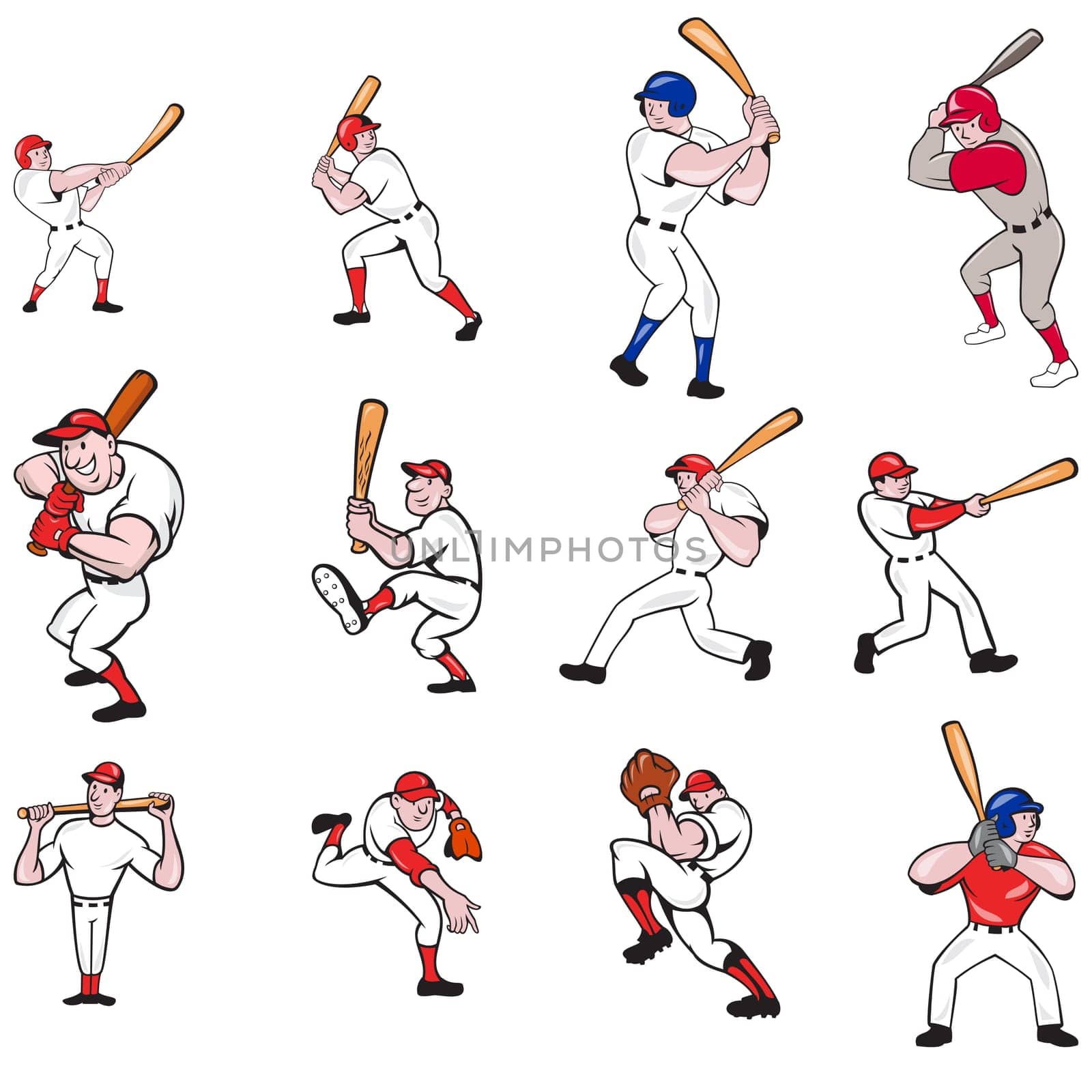 Set or collection illustration of American baseball player, pitcher or batter, batting, pitching or throwing ball cartoon style isolated on white background.
