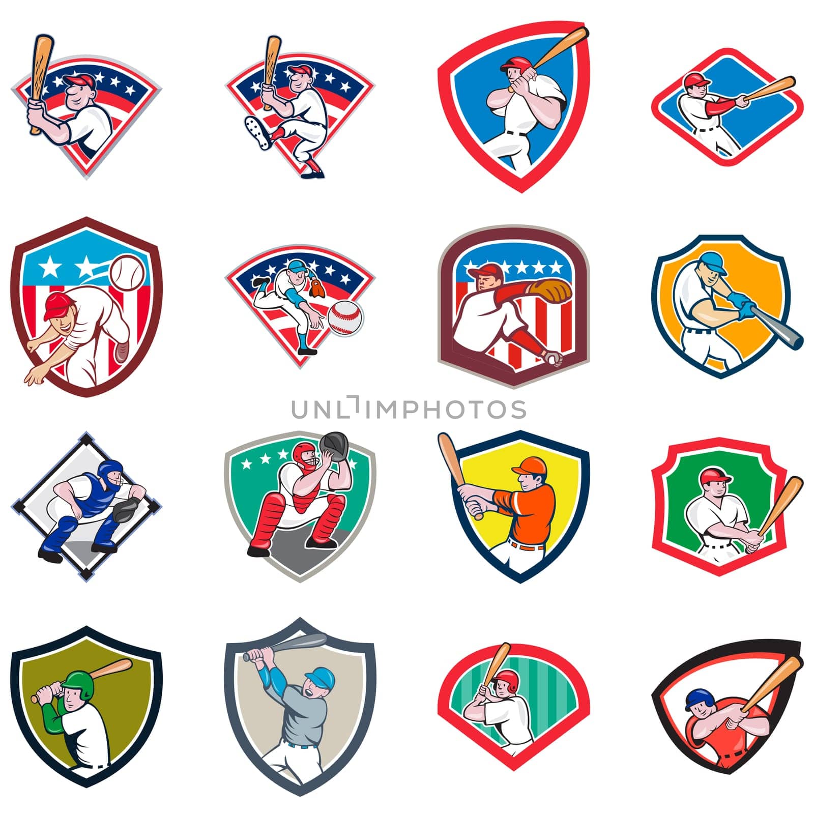 Collection of cartoon icon illustration of American baseball player, pitcher or batter, batting, pitching or throwing ball set inside shield isolated on white background.