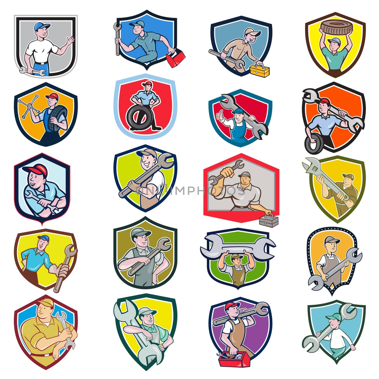 Set or Collection of cartoon character icon style illustration of bust of mechanic, technician, tireman, auto mechanic or industrial worker set inside crest or shield on isolated white background.