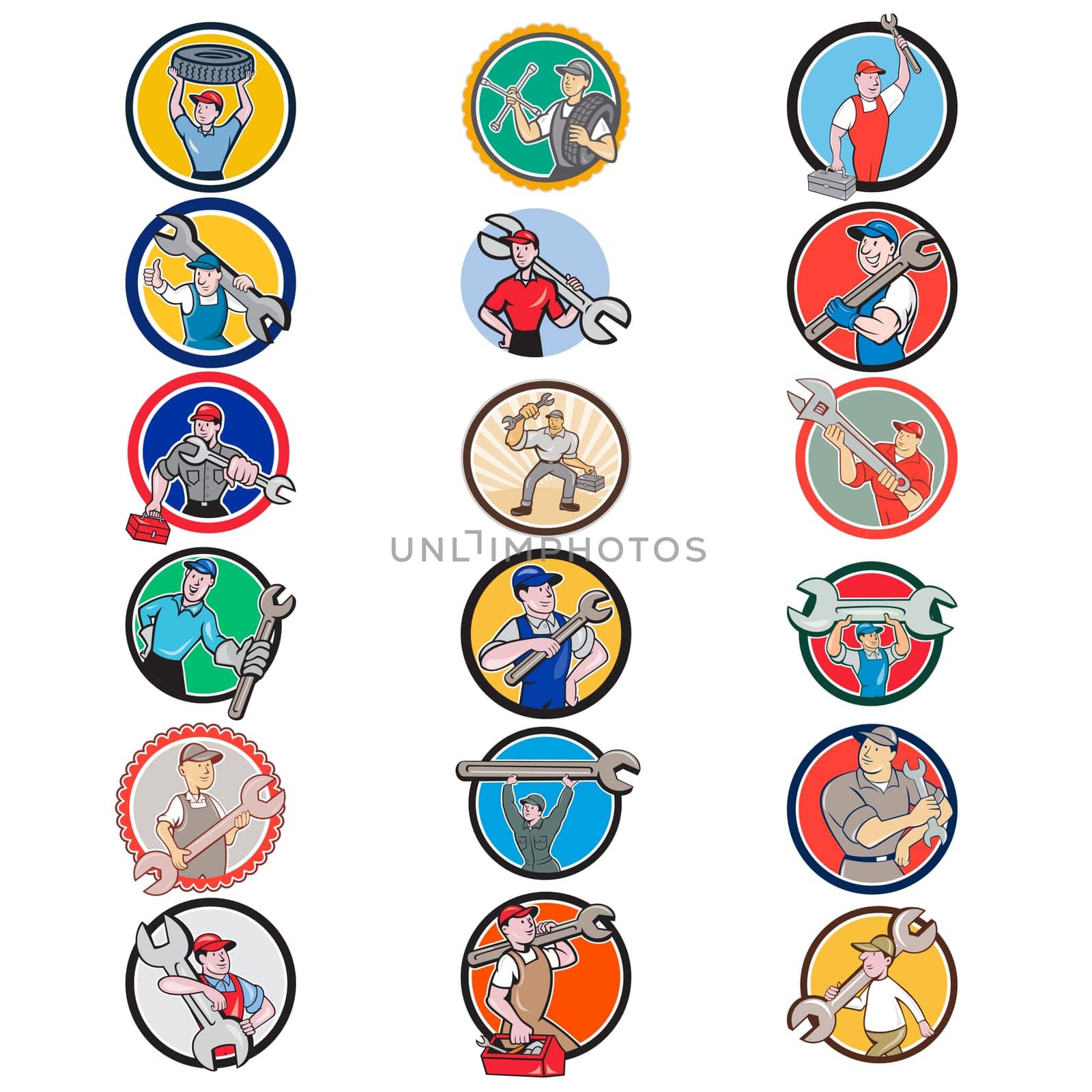 Set or Collection of cartoon character icon style illustration of mechanic, technician, tireman, auto mechanic or industrial worker set inside circle shape on isolated white background.