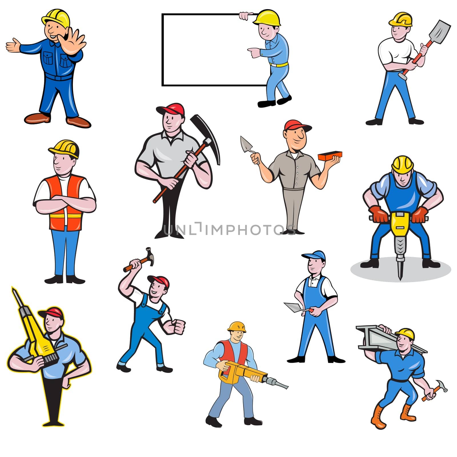 Set or Collection of cartoon character style illustration of construction worker, carpenter,engineer or builder at work in full body on isolated white background.