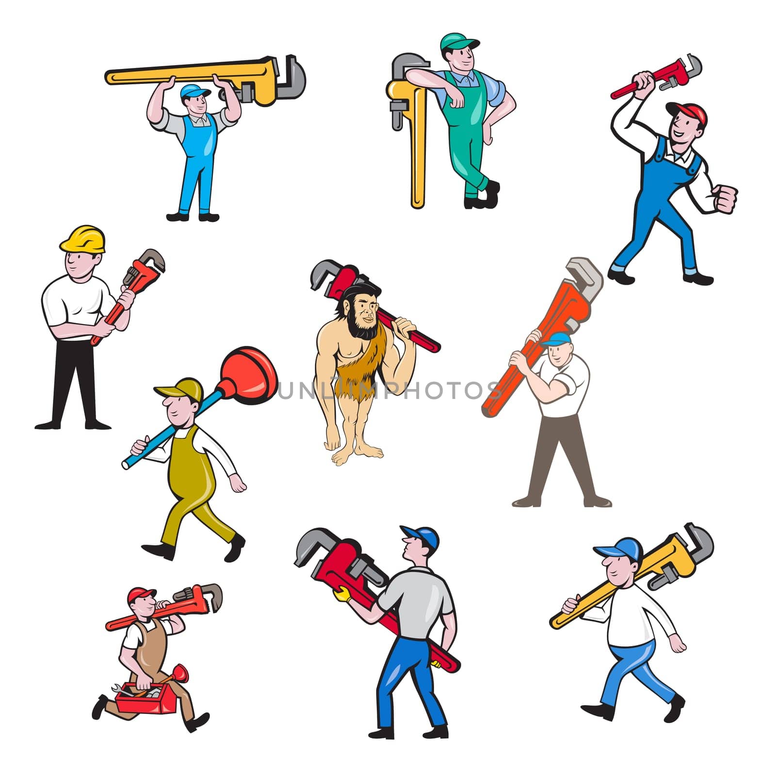 Set or collection of cartoon character mascot style illustration of a plumber contractor in overalls and hat carrying monkey wrench and toolbox walking, running and standing on isolated white background.