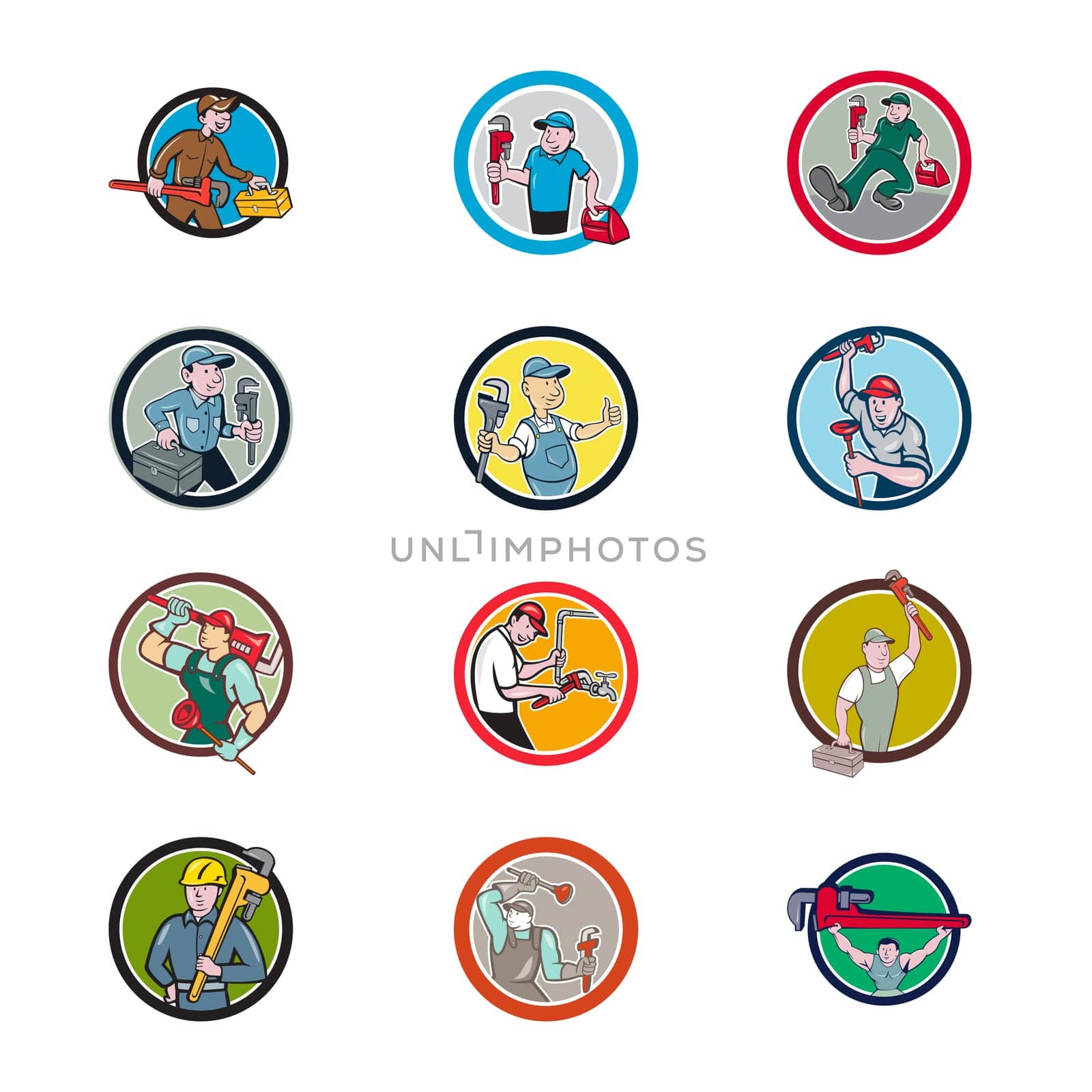 Set or collection of cartoon character mascot style illustration of a plumber contractor in overalls and hat carrying monkey wrench and toolbox set inside circle on isolated white background.