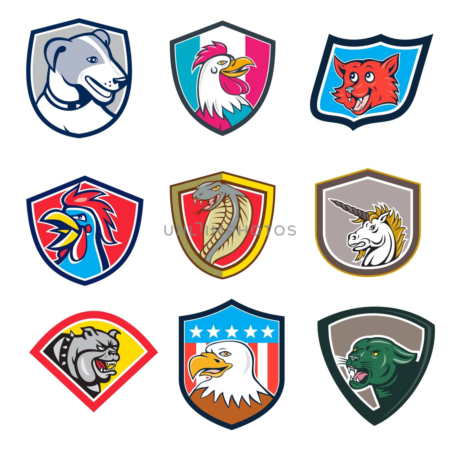Set or collection of cartoon character mascot style illustration of heads of animals like rooster, dog, fox, cobra, unicorn, bulldog, eagle and cougar or mountain lion set in crest on isolated white background.