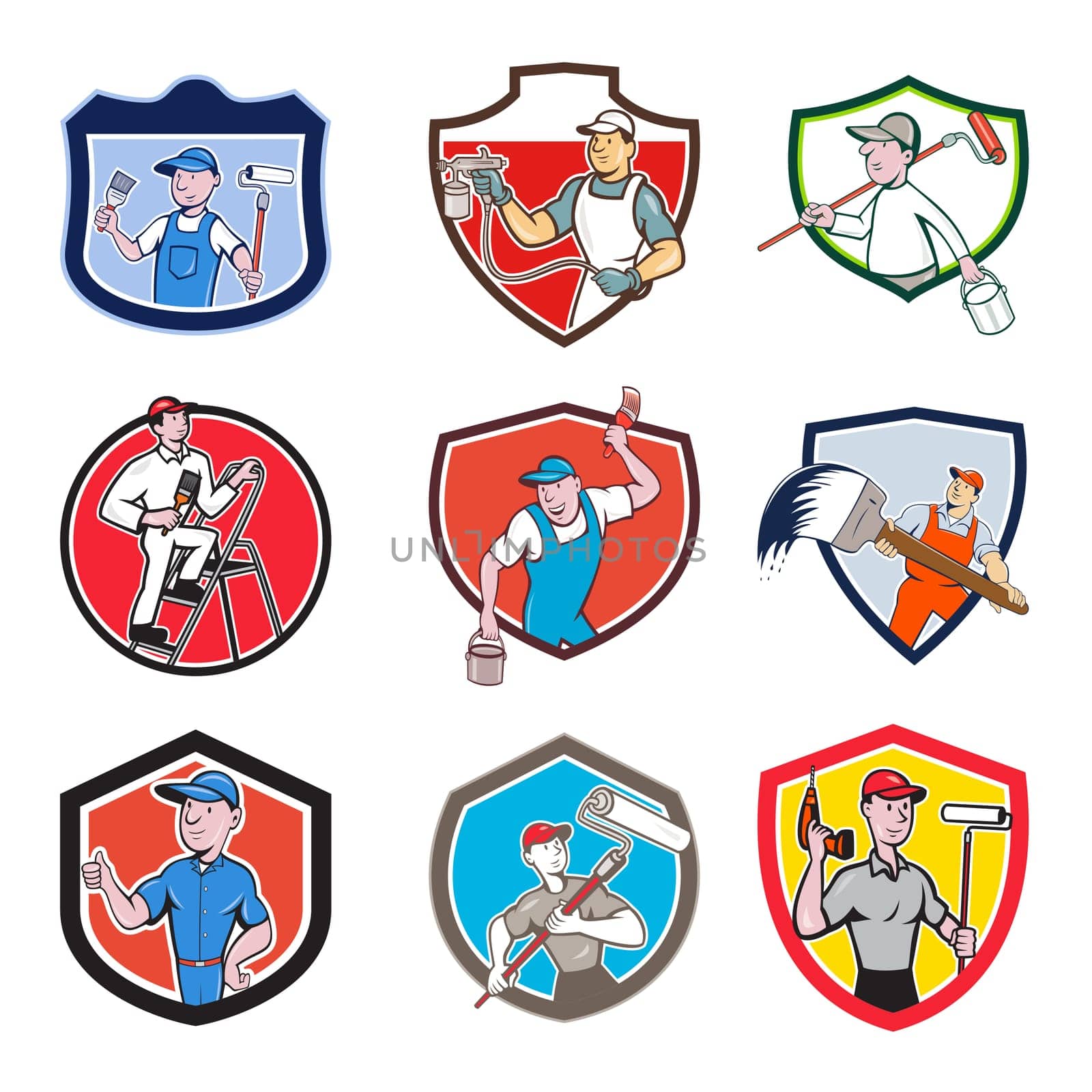 Set or collection of cartoon character mascot style illustration of house or domestic painter, builder, handyman, decorator, contractor or renovator set in crest on isolated white background.