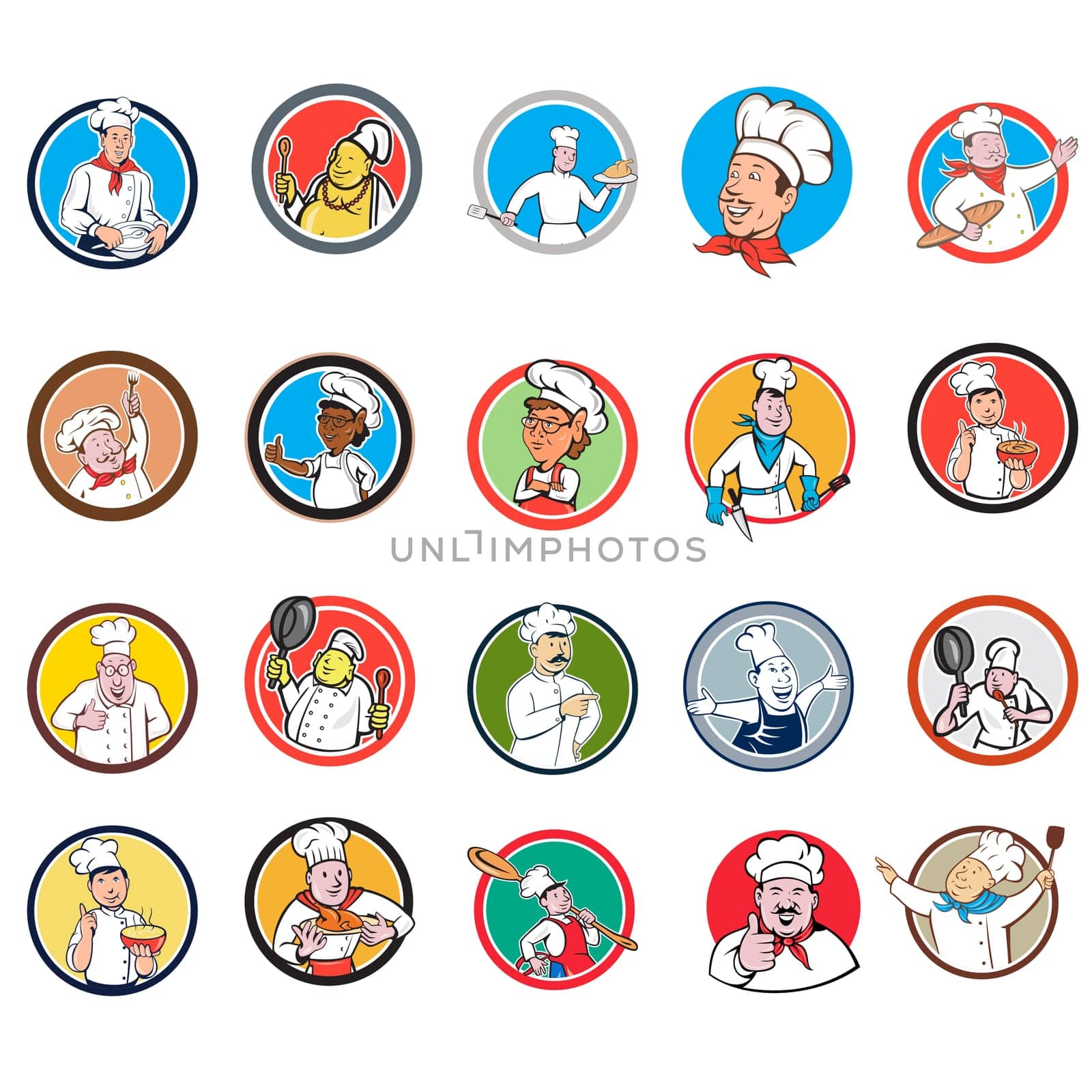 Set or Collection of cartoon character style illustration of bust of a chef, baker or cook inside circle on isolated white background.
