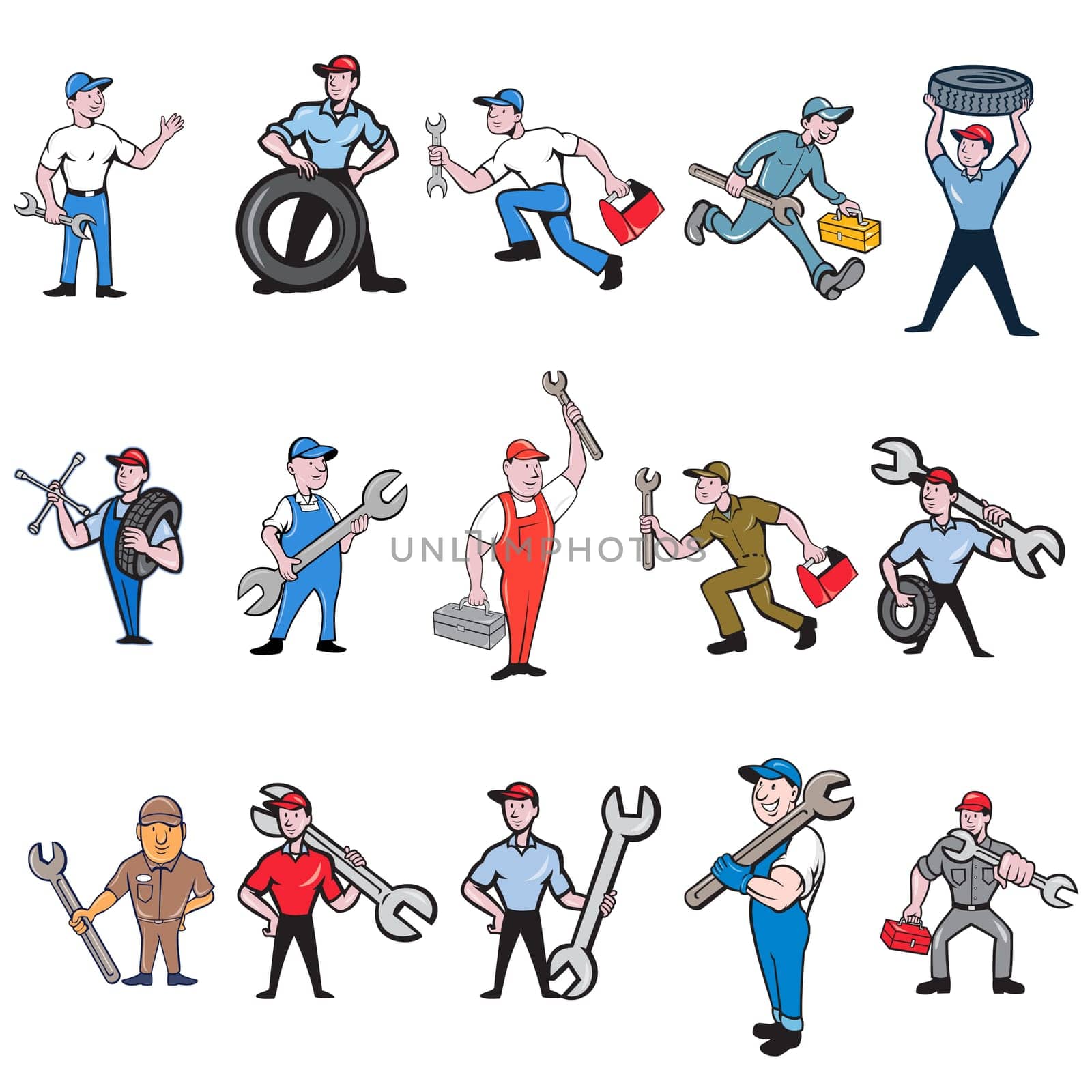 Set or Collection of cartoon character style illustration of mechanic, technician, tireman, auto mechanic or industrial worker in full body on isolated white background.