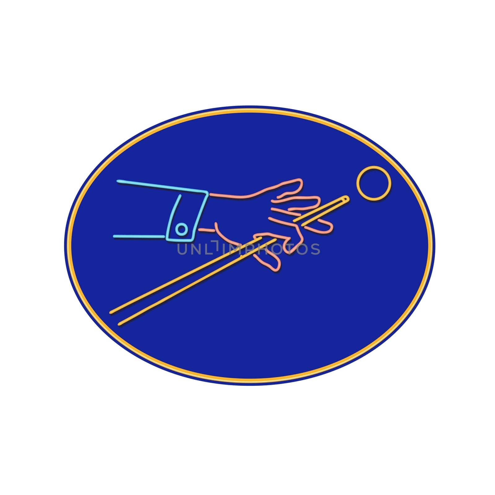 Retro style illustration showing a 1990s neon sign light signage lighting of a billiards player hitting ball with cue stick set inside oval round shape on isolated background.