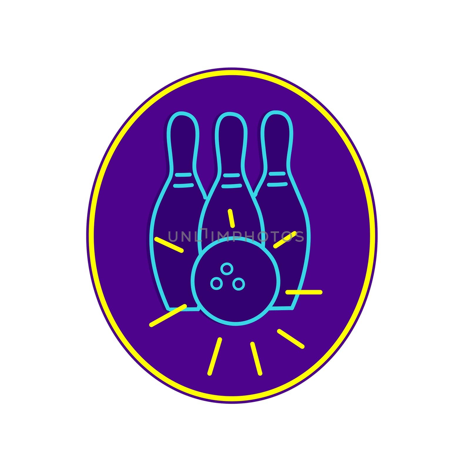 Retro style illustration showing a 1990s neon sign light signage lighting of a bowling ball hitting strike on ten pin set in oval on isolated background.