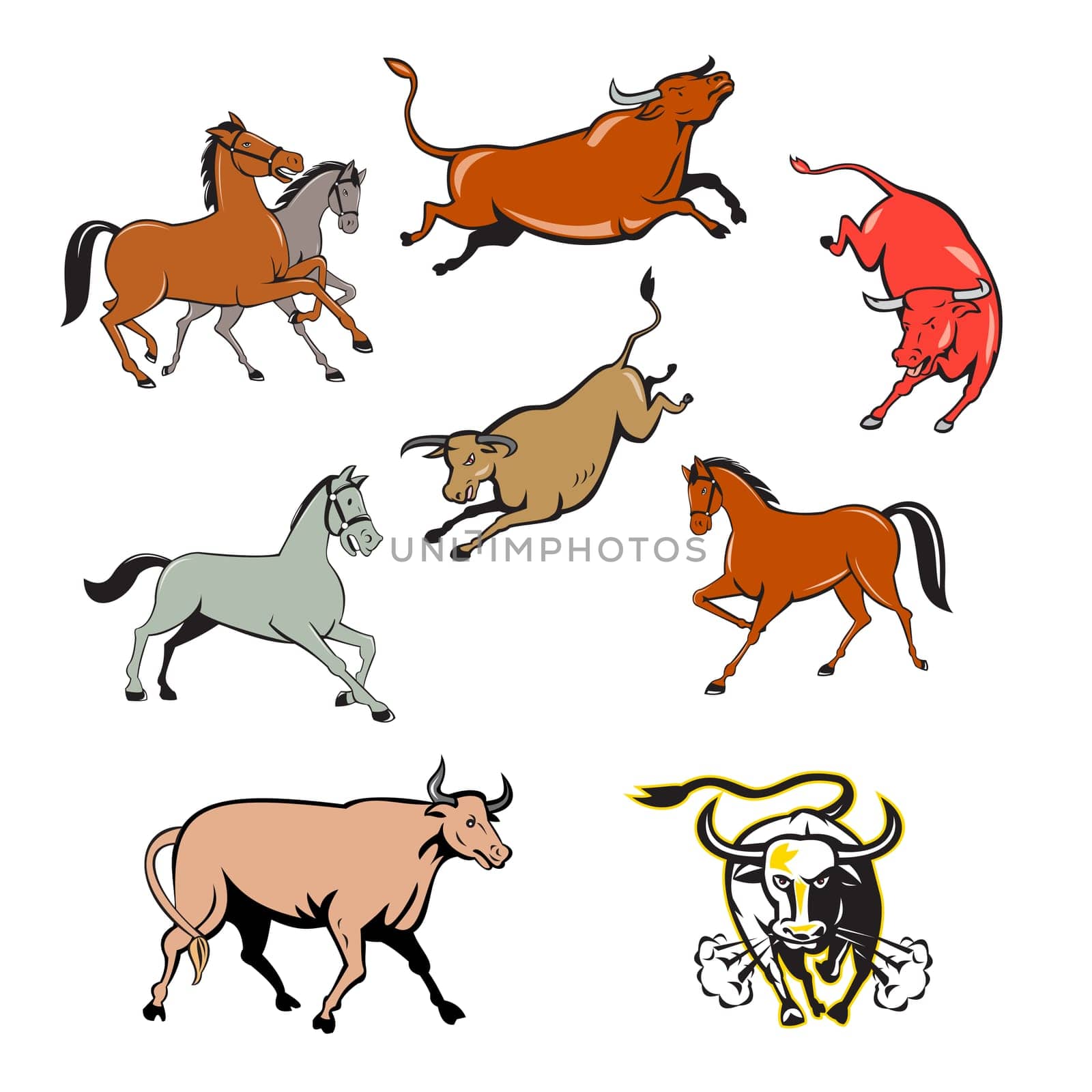 Set or collection of cartoon character mascot style illustration of farm animals such as horse, cow, bull, cattle, texas longhorn bull charging on isolated white background.