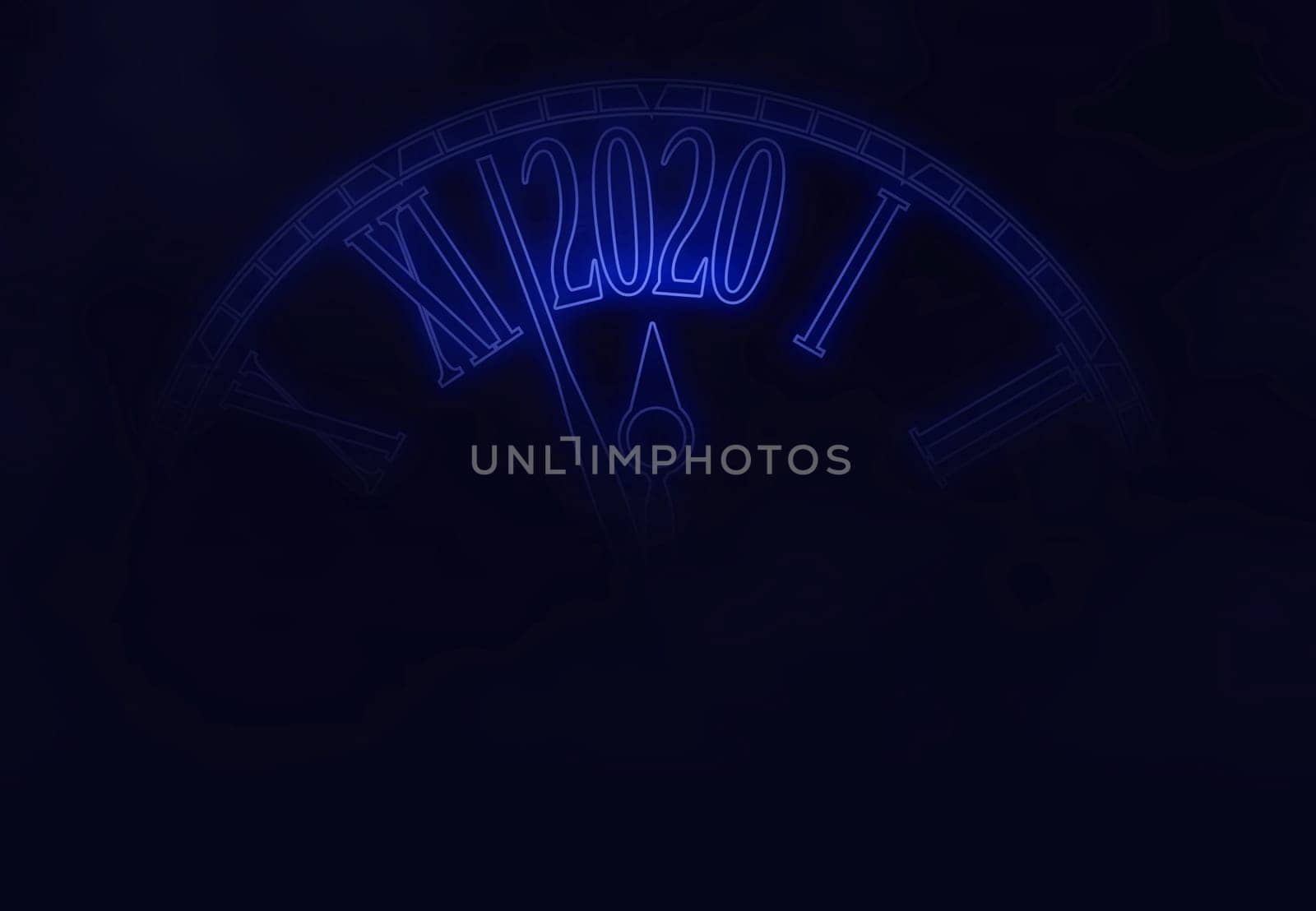 2020 New Year card blue neon futuristic clock abstract background with copy space,illustration