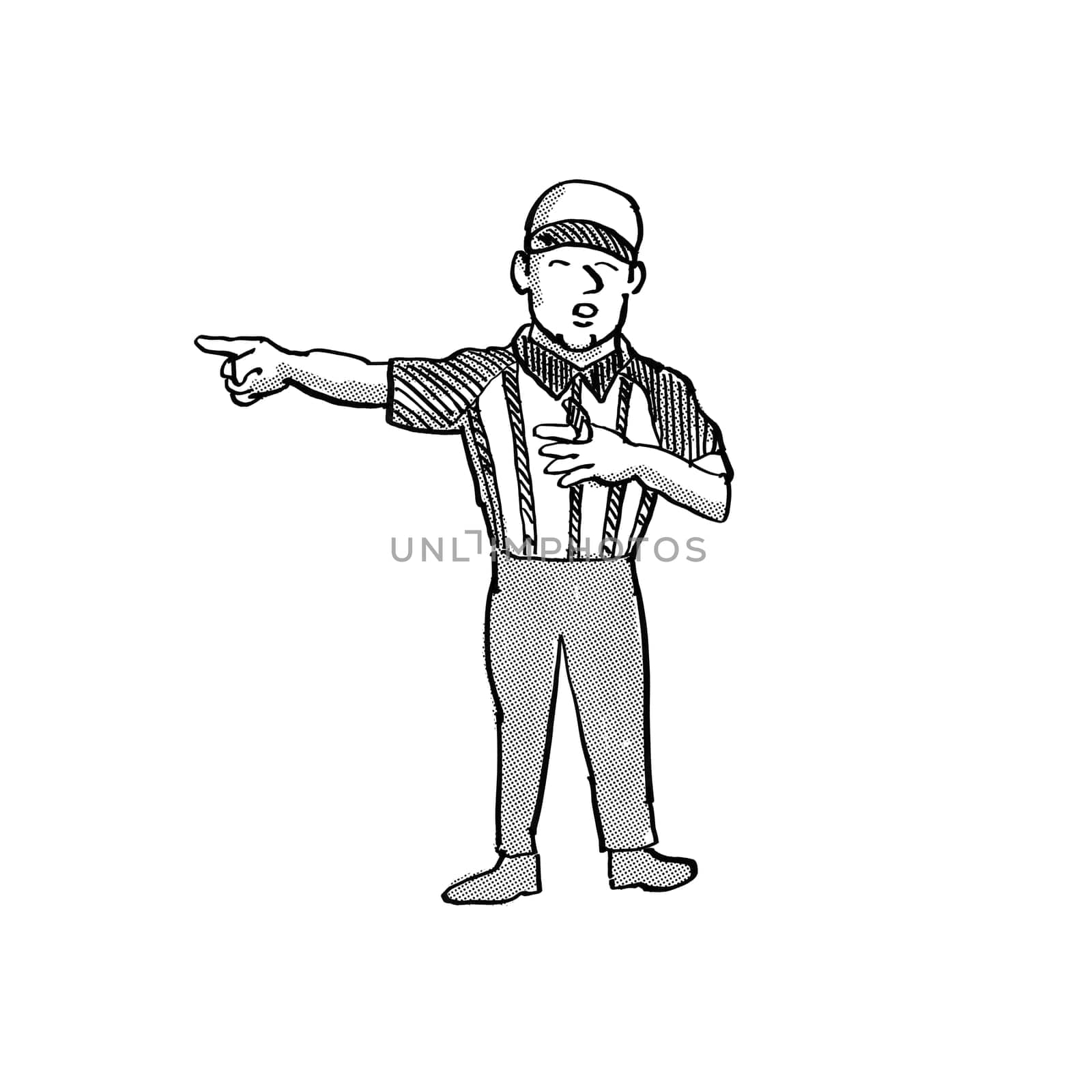Cartoon style illustration of an American football official or referee done in black and white on isolated white background