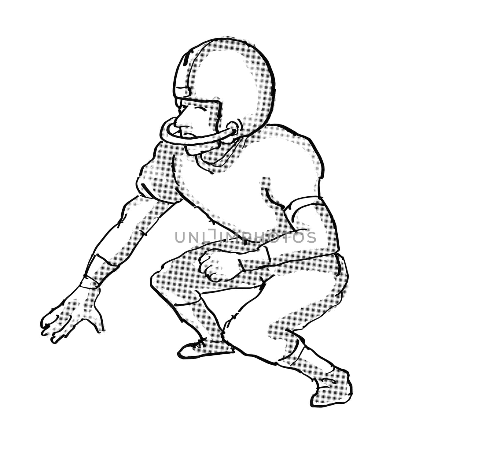Cartoon style illustration of an American football player done in black and white on isolated white background