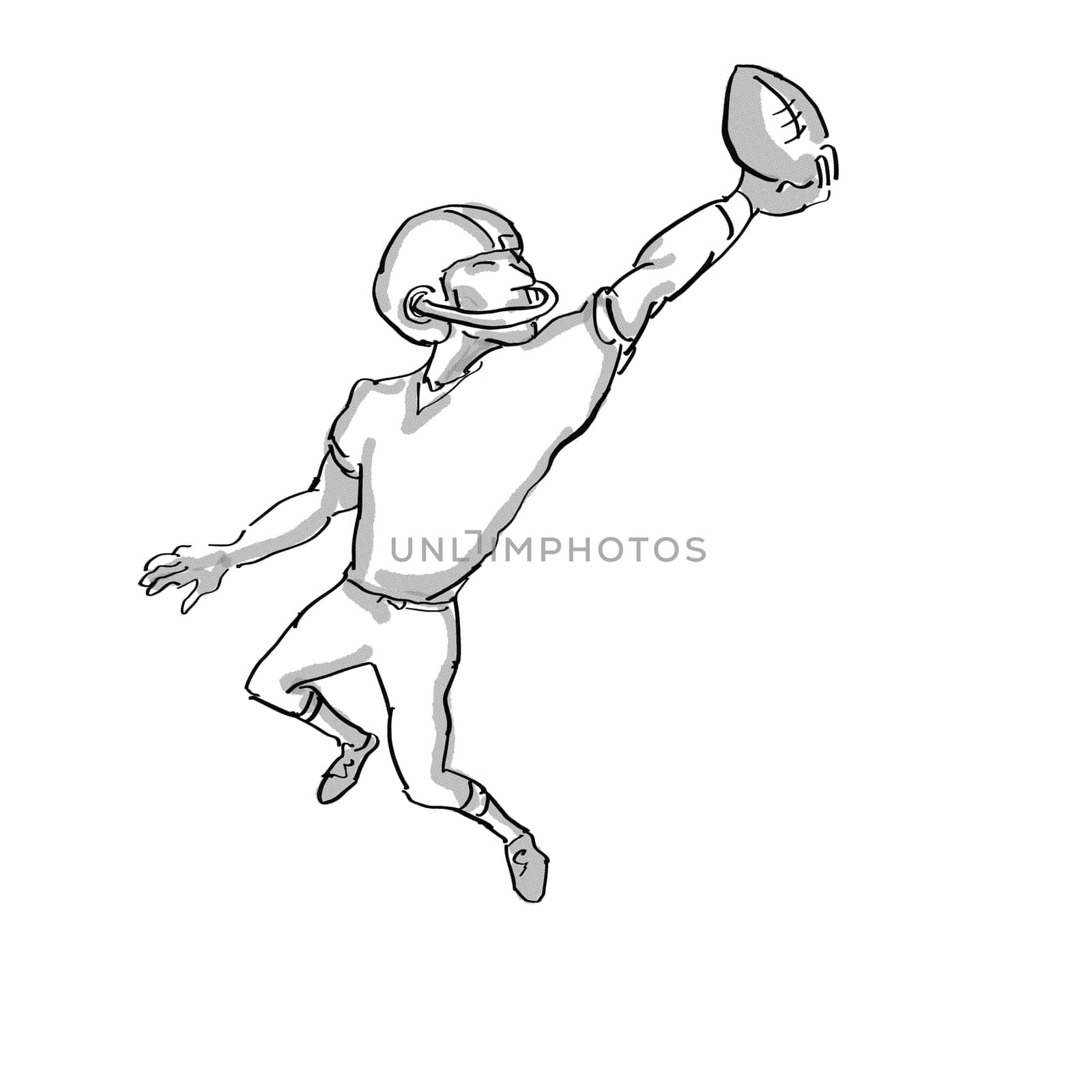 Cartoon style illustration of an American football player done in black and white on isolated white background