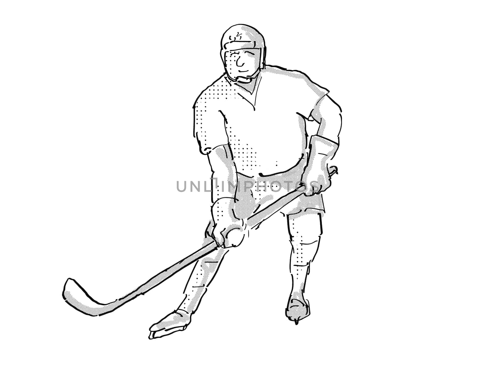 Cartoon style illustration of an ice hockey player in action pose on isolated white background done in retro black and white.