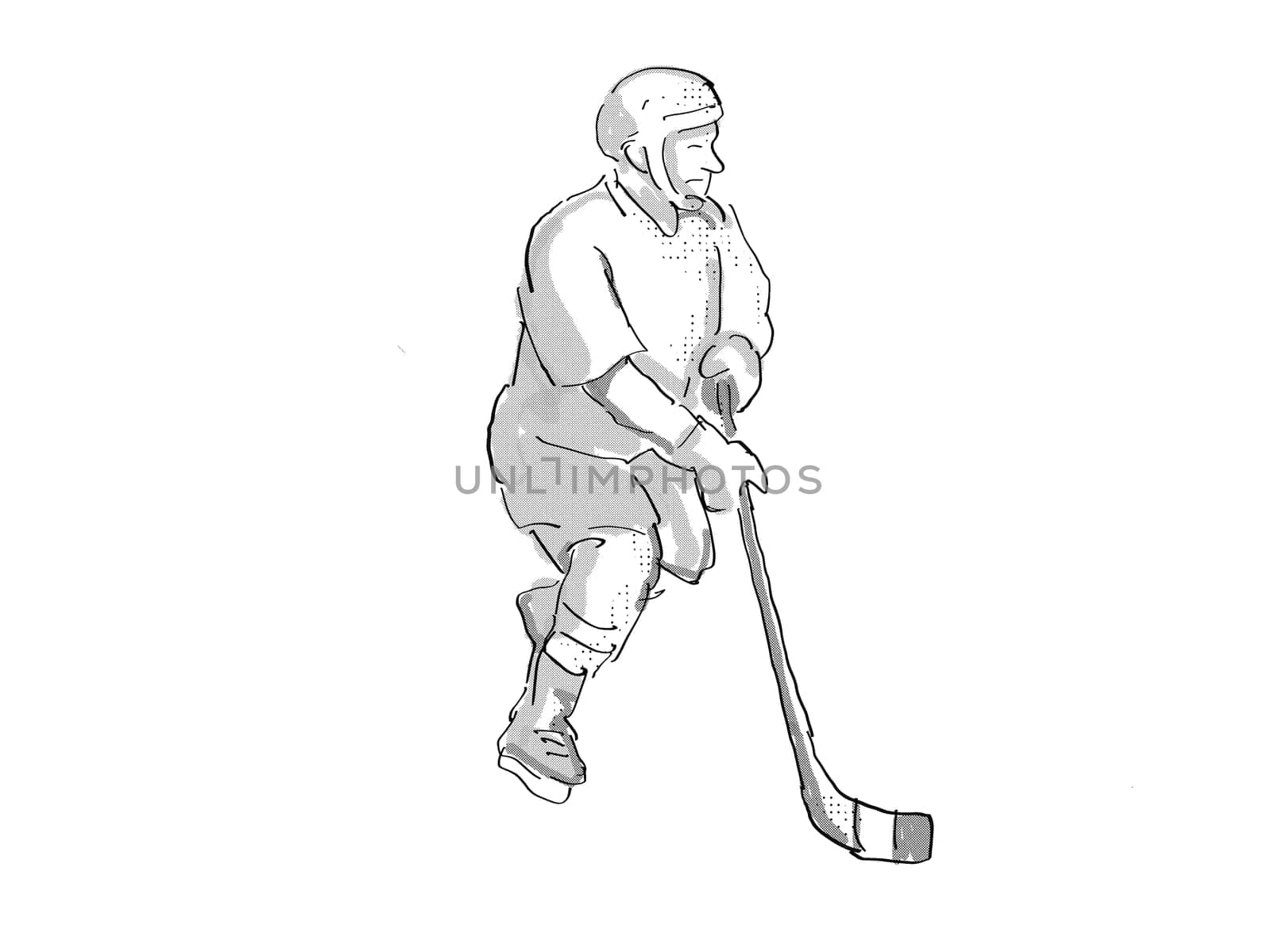 Cartoon style illustration of an ice hockey player in action pose on isolated white background done in retro black and white.